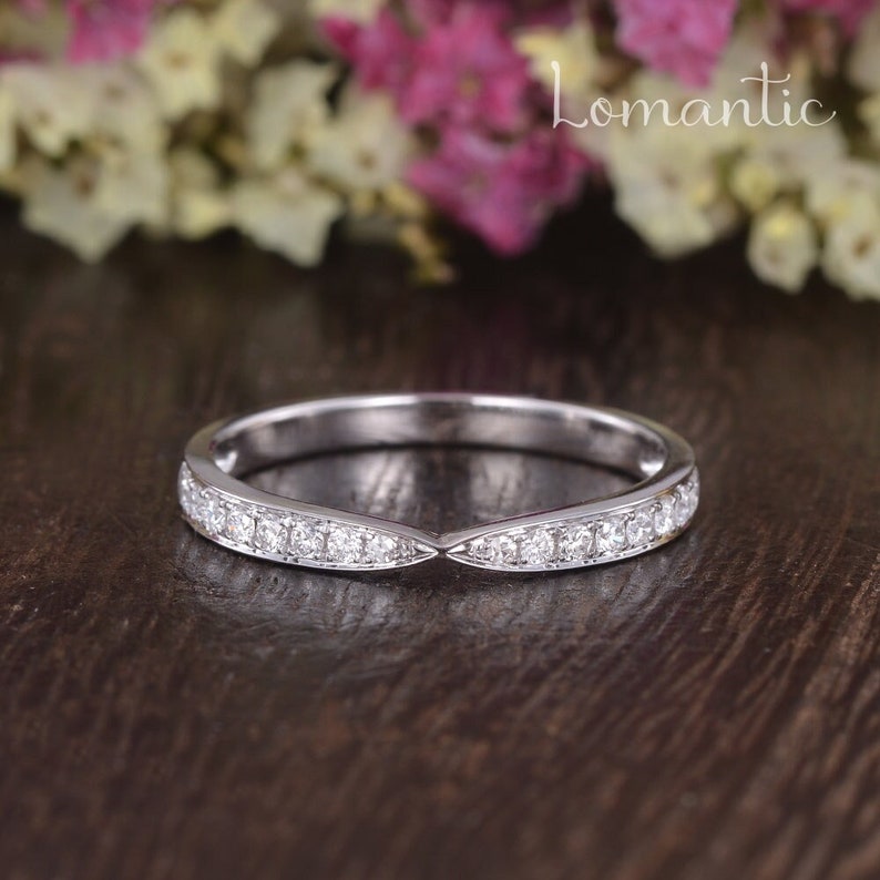 Tapered Wedding Band Women White Gold Diamond Wedding Band Stacking Paved Ring Dainty Bridal Wedding Band Engraving Minimalist Promise Ring image 1