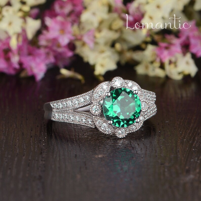 Lab Emerald Engagement Ring Antique Engagement Ring White Gold Etsy