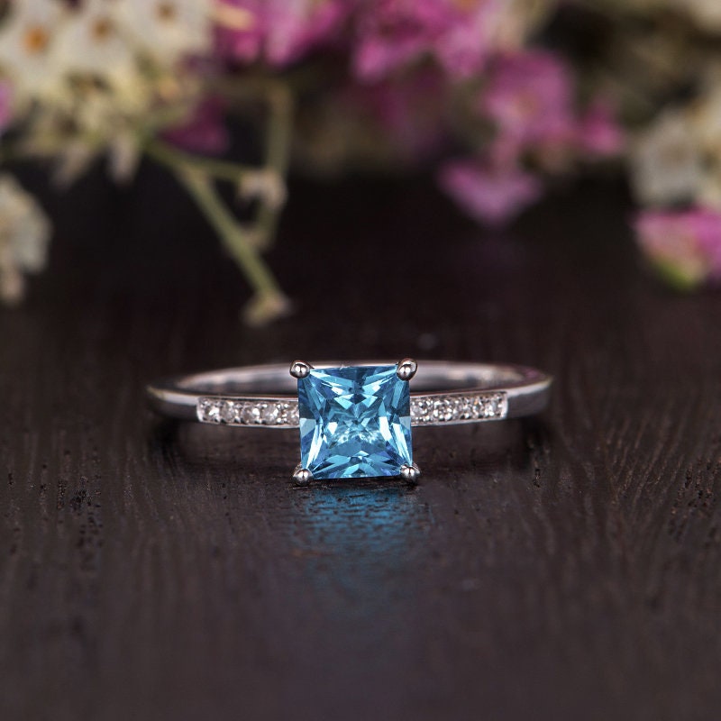 Princess Cut Swiss Blue Topaz Ring Bridal 1/4 Eternity White - Etsy Canada
