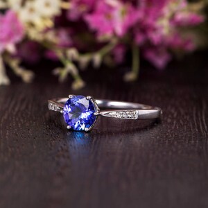 Antique Tanzanite Engagement Ring White Gold Solitaire Ring Diamond Minimalist Anniversary Promise Bridal Tapered Band Hlaf Eternity Ring image 4