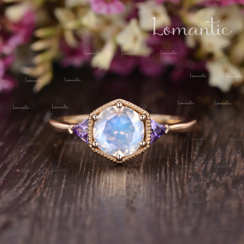 Hexagon Halo Moonstone Engagement Ring Milgrain Solitaire Ring Beaded Geometric Ring Moonstone Engagement Triangle Amethyst Ring Anniversary image 3