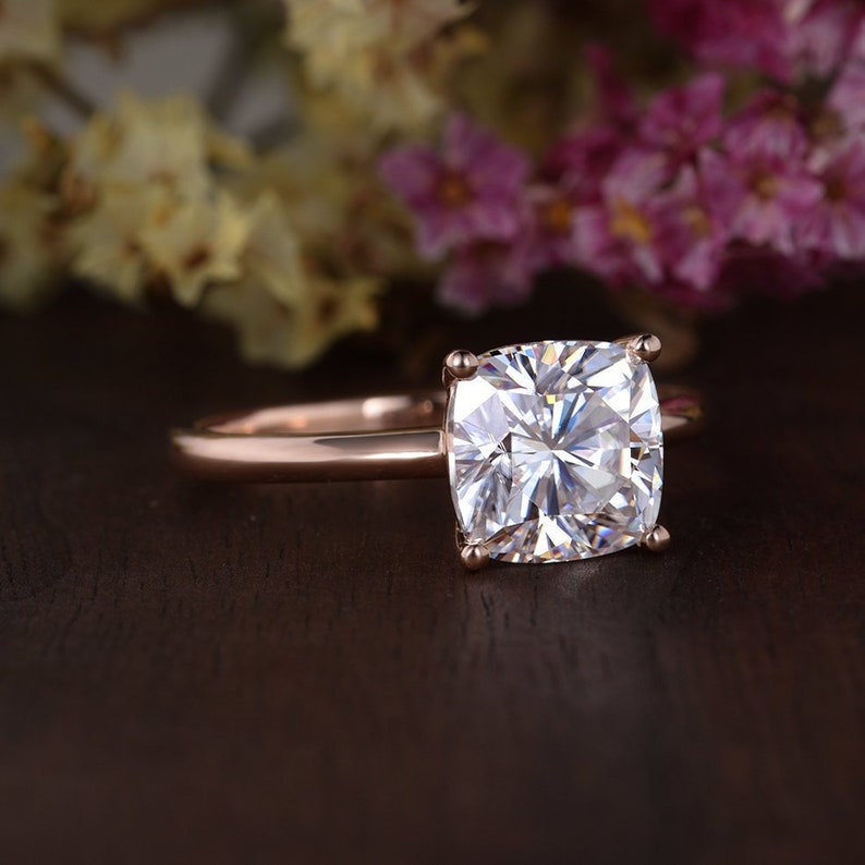 2ct Cushion Moissanite Ring Solitaire Moissanite Engagement Ring Rose Gold Ring Bridal Wedding Moissanite Ring Minimalist Anniversary Gift image 3