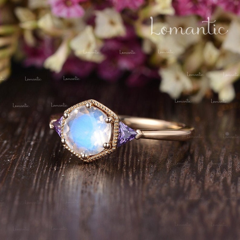 Hexagon Halo Moonstone Engagement Ring Milgrain Solitaire Ring Beaded Geometric Ring Moonstone Engagement Triangle Amethyst Ring Anniversary image 1