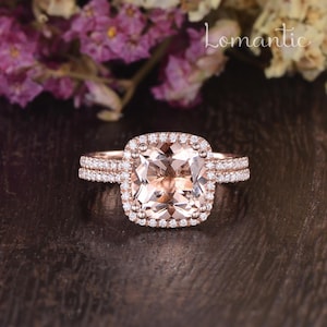 Morganite Bridal Set 2pcs Rose Gold Engagement Ring Wedding Band Women Cushion Cut Moissanite  Halo Half Eternity Antique Anniversary Gift