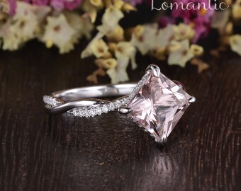 Princess Cut Morganite Engagement Ring White Gold Infinity Wedding Band Unique Women Kite Solitaire Ring Hided Diamond HALO Morganite Ring