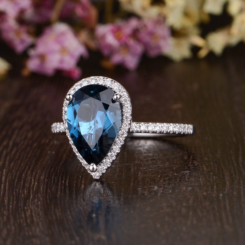 Pear Shaped London Blue Topaz Engagement Ring White Gold Engagement Ring 812mm 3ct Cocktail Ring Unique Birthstone Promise Anniversary Gift image 7