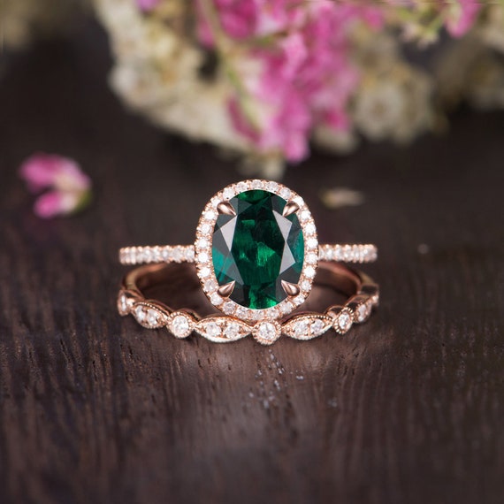 Rose Gold Engagement Ring Oval Cut Lab Emerald Ring Set Art - Etsy