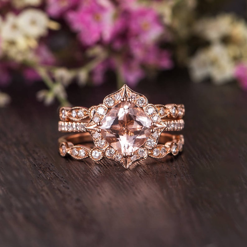 Rose Gold Engagement Ring Wedding Band Women Morganite Ring Bridal Set Antique Cushion Cut Morganite Diamond Art Deco Flower Set 3 pieces image 1