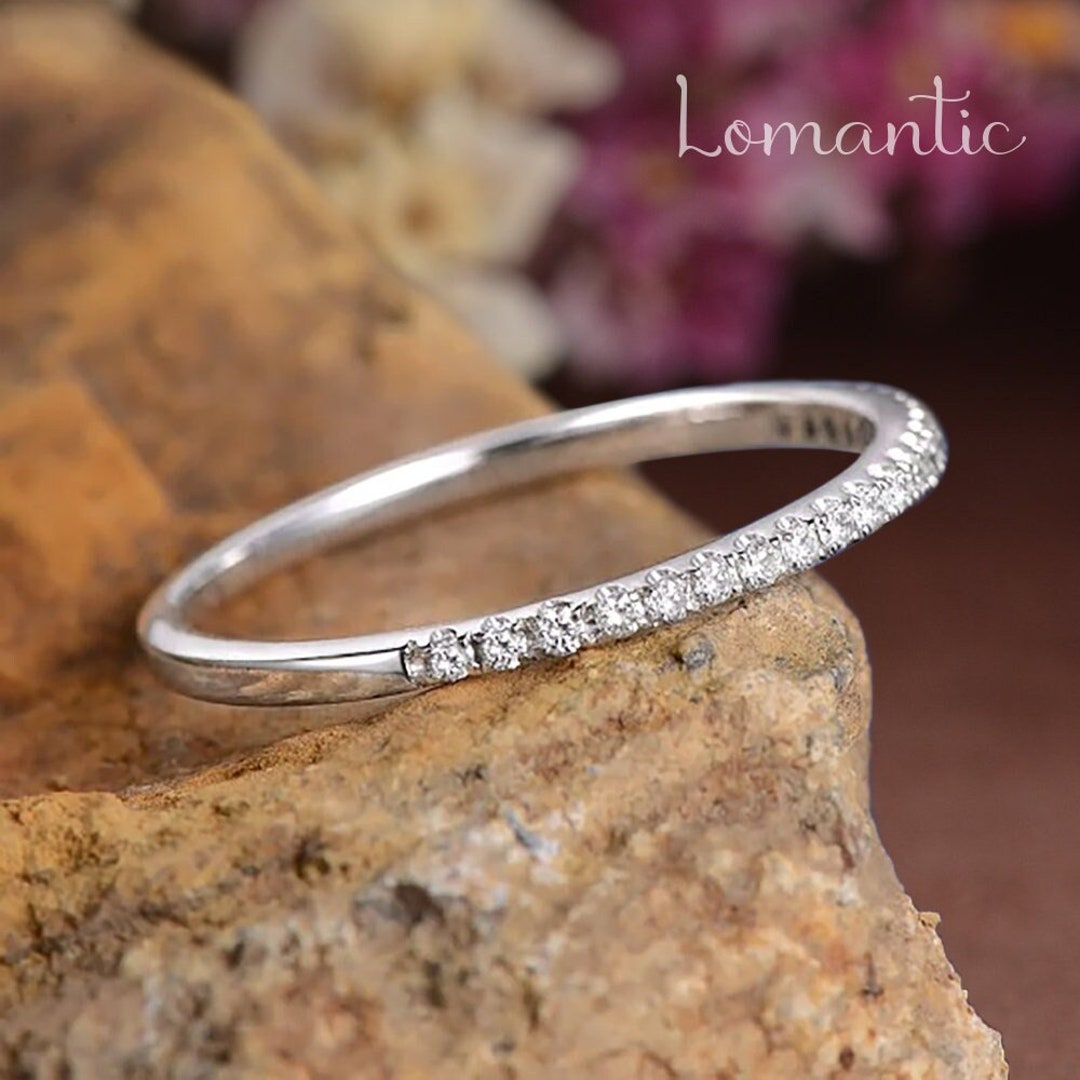 Solid Gold Wedding Band Women Moissanite Ring Half Eternity Dainty Band ...