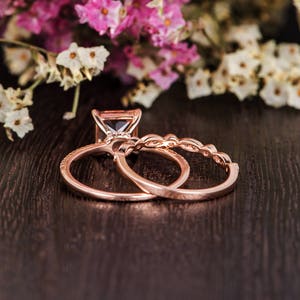 Unique Morganite Ring Rose Gold Art Deco Wedding Band Women Bridal Set Princess Cut Morganite Engagement Diamond Antique Anniversary 2pcs image 5