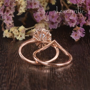 1.5ct Pear Shaped Moissanite Engagement Ring Set Vintage Unique Chevron Band Stacking Halo Wedding Ring Rose Gold Bridal 2pcs Cluster Ring image 5