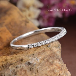 White Gold Wedding Band Moissanite Wedding Band Women Half Eternity Micro Dainty Band Engraving Minimalist Promise Ring Match Stacking Ring