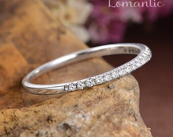 White Gold Wedding Band Moissanite Wedding Band Women Half Eternity Micro Dainty Band Engraving Minimalist Promise Ring Match Stacking Ring