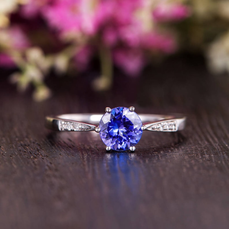 Antique Tanzanite Engagement Ring White Gold Solitaire Ring Diamond Minimalist Anniversary Promise Bridal Tapered Band Hlaf Eternity Ring image 2