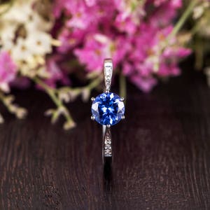 Antique Tanzanite Engagement Ring White Gold Solitaire Ring Diamond Minimalist Anniversary Promise Bridal Tapered Band Hlaf Eternity Ring image 3