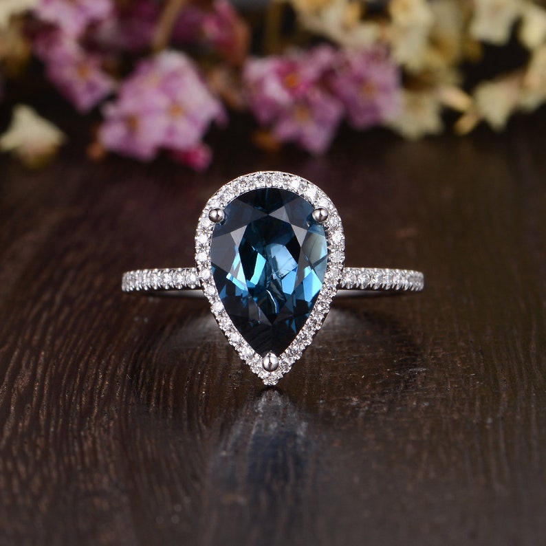 Pear Shaped London Blue Topaz Engagement Ring White Gold Engagement Ring 812mm 3ct Cocktail Ring Unique Birthstone Promise Anniversary Gift image 6