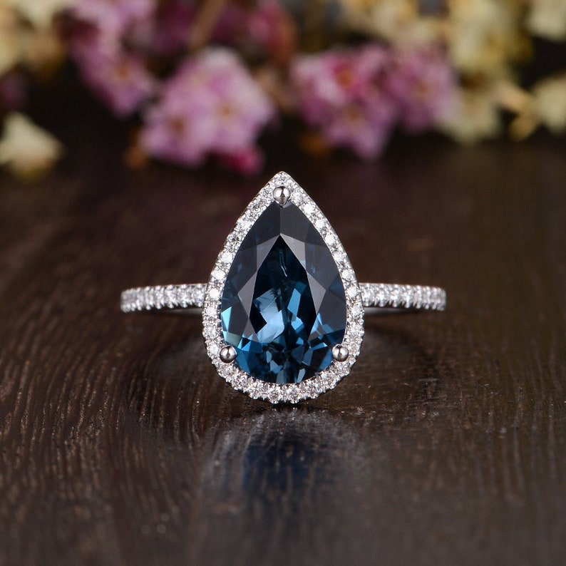 Pear Shaped London Blue Topaz Engagement Ring White Gold Engagement Ring 812mm 3ct Cocktail Ring Unique Birthstone Promise Anniversary Gift image 1