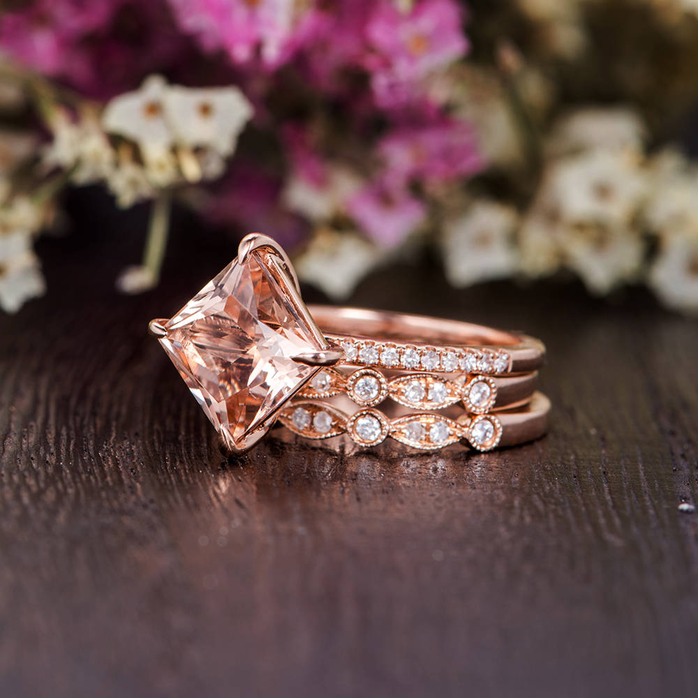 Princess Cut Morganite Ring Set Rose Gold Engagement Ring Art - Etsy