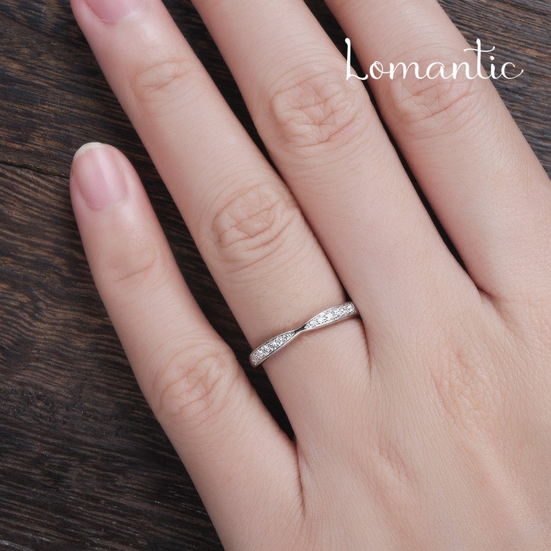 Tapered Wedding Band Women White Gold Diamond Wedding Band Stacking Paved Ring Dainty Bridal Wedding Band Engraving Minimalist Promise Ring image 7