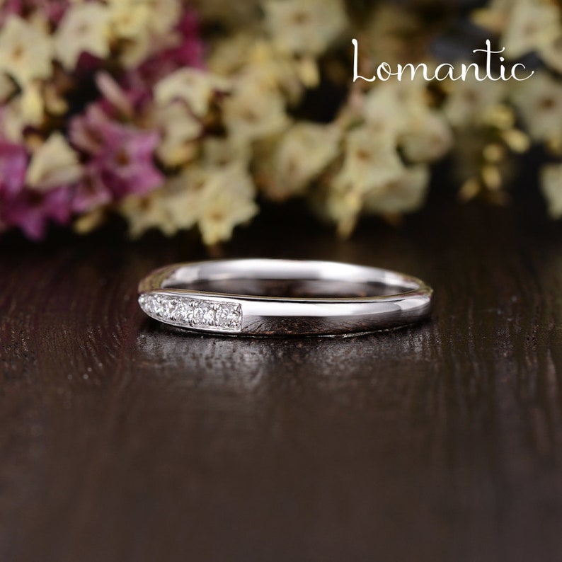 Tapered Wedding Band Women White Gold Diamond Wedding Band Stacking Paved Ring Dainty Bridal Wedding Band Engraving Minimalist Promise Ring image 5