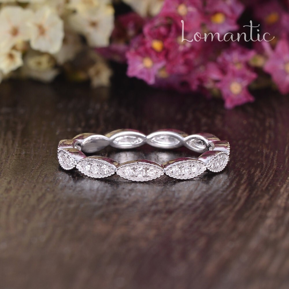 White Gold Wedding Band Women Art Deco Diamond Ring Eternity Antique Dainty Stacking Delicate Anniversary Promise Engraving Gift Anniversary