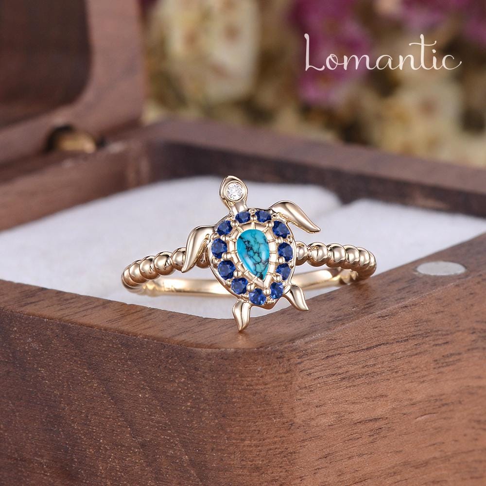 Natural Turquoise Turtle Ring Royal Blue Sapphire Halo Ring