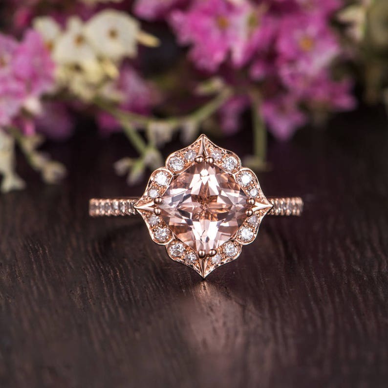 Morganite Engagement Ring Rose Gold Flower Antique Cushion Cut Morganite Diamond Halo Retro Anniversary Promise Gift Women Bridal Wedding image 2