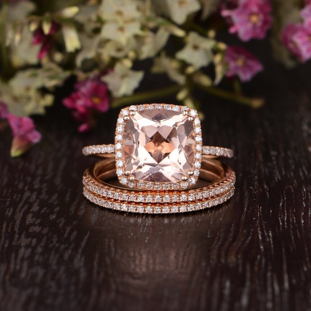Peachy Morganite Bridal Set 3pcs Rose Gold Cushion Halo Moissanite Ring Wedding Band Women Wedding Antique Retro 9mm Ring Anniversary Gift