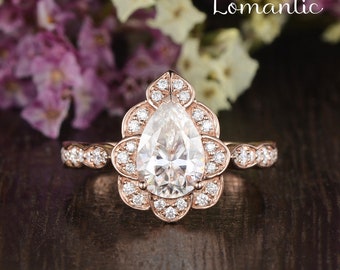 Pear shaped Moissanite engagement ring vintage Unique diamond Art deco engagement ring rose gold wedding Bridal gift for women Anniversary