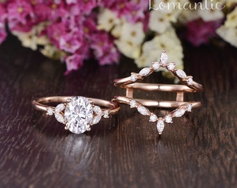Vintage Engagement Ring Moissanite Rose Gold Oval Ring Sets Moissanite Cage Rings Marquise Diamond Ring Antique Cluster Ring For Women 2pcs