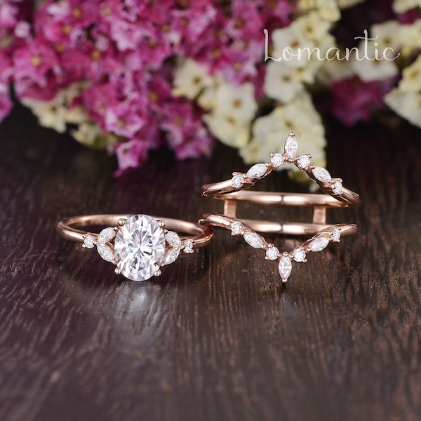 Vintage verlovingsring Moissanite Rose goud ovale ring sets Moissanite kooi ringen Marquise diamanten ring antieke cluster ring voor vrouwen 2 stuks