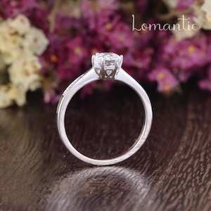 Op de afbeelding: Een zilveren verlovingsring met een ronde, heldere middelste steen en een delicate band van kleinere stenen. De ring is geplaatst tegen een achtergrond van roze en witte bloemen.
