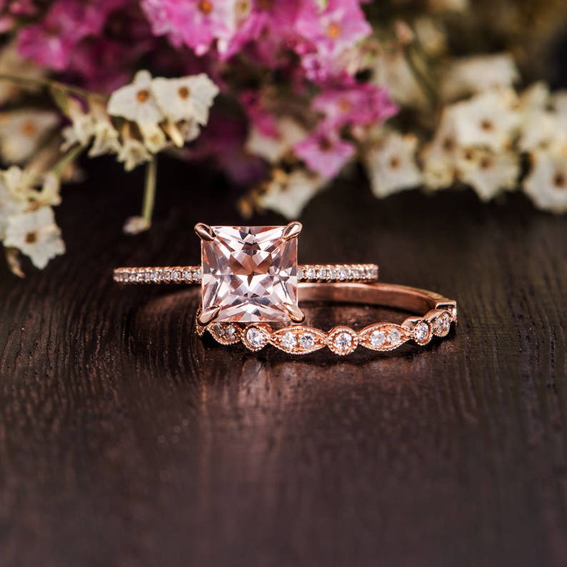 Unique Morganite Ring Rose Gold Art Deco Wedding Band Women Bridal Set Princess Cut Morganite Engagement Diamond Antique Anniversary 2pcs image 1