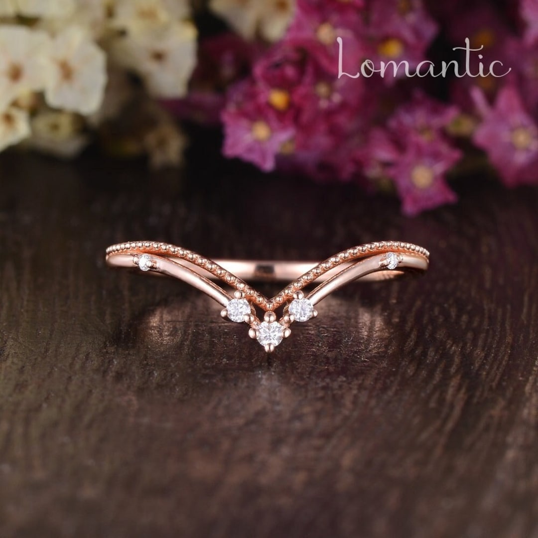 Moissanite Rose Gold Wedding Band Women Double Chevron Wedding Ring ...