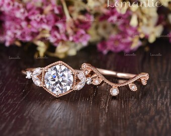 2ct Flower Moissanite Ring Set Rose Gold Hexagon HALO Moissanite Engagement Ring Leaf Antique Geometric Cluster Ring Bridal Ring Set 2pcs