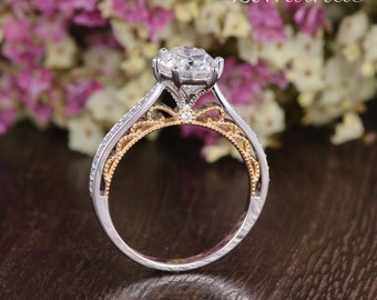 Vintage 1.5CT Oval Moissanite Engagement Ring Peekaboo Solid Gold mixed Metal Bridal Ring 6*8 mm Oval Ring Anniversary Gift Her