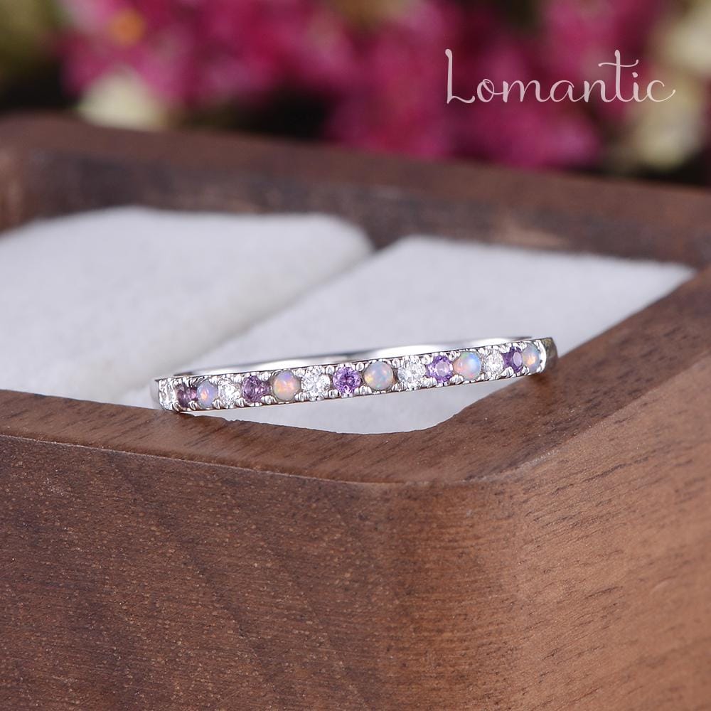Fairy Wedding Band Natural Opal Amethyst Diamond Ring Half Eternity Promise Ring Dainty Matching Stackable Ring Anniversary Band Women Gift