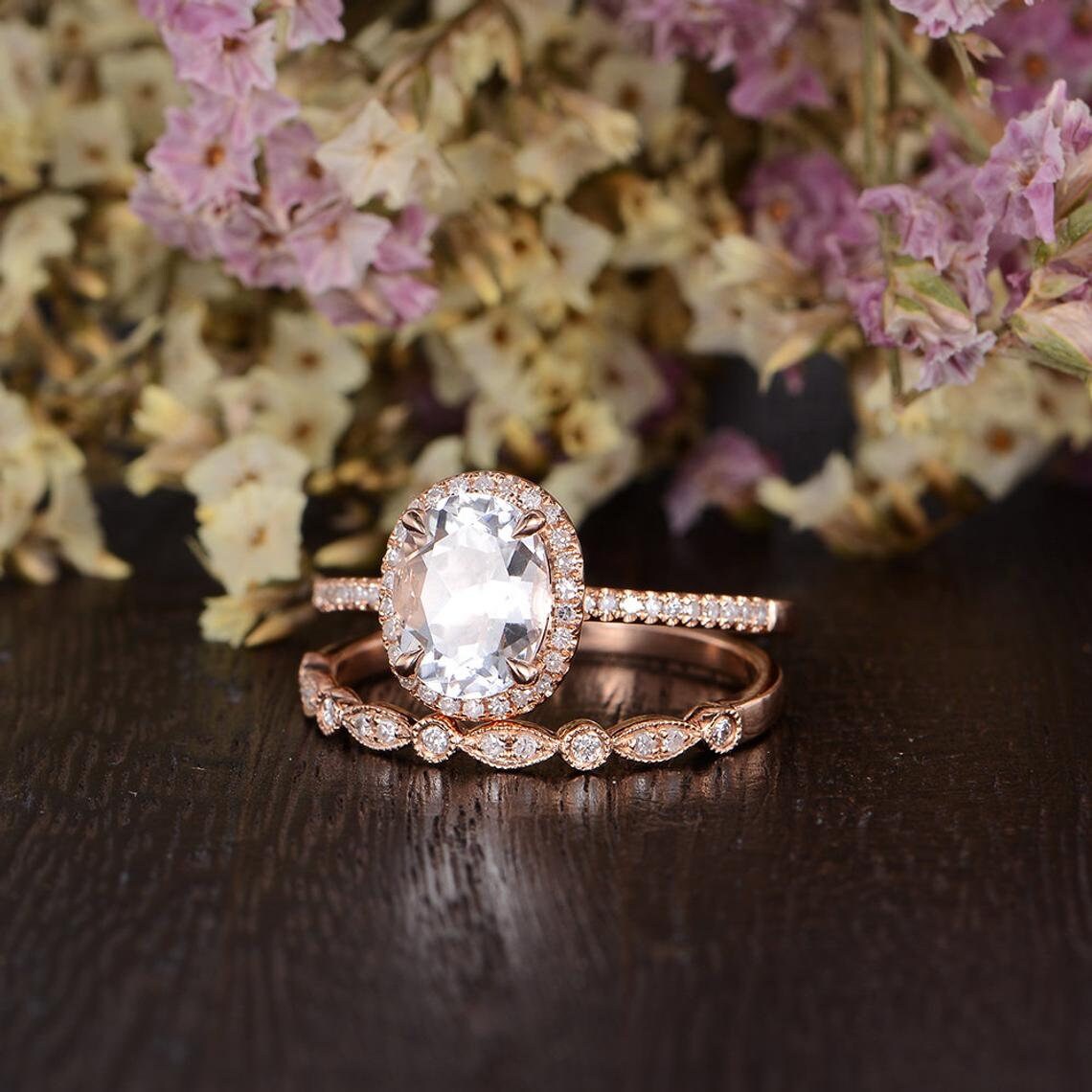 Aquamarine Engagement Ring Rose Gold Ring Set March Birthstone | Etsy