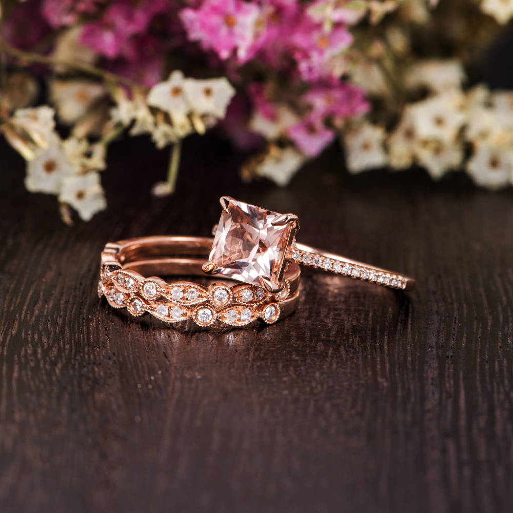 Unique Princess Cut Morganite Engagment Ring Rose Gold Art - Etsy