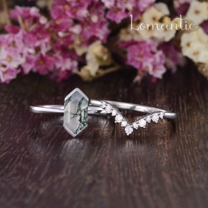 Vintage Moissanite Bridal Sets Ring Hexagon Engagement Ring Solitaire Ring Long Hexagon Moss Agate V Prong Anniversary Ring Rose Gold Ring