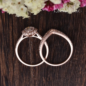 1.5ct Pear Shaped Moissanite Engagement Ring Set Vintage Unique Double Chevron Band Stacking Halo Engagement Ring Rose Gold Bridal 2pcs image 6