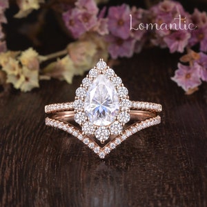 1.5ct Pear Shaped Moissanite Engagement Ring Set Vintage Unique Chevron Band Stacking Halo Wedding Ring Rose Gold Bridal 2pcs Cluster Ring image 2