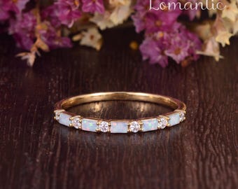 Unique Baguette Opal Wedding Band Vintage Solid Gold Cluster Moissanite Stacking Ring Dainty Half Eternity Promise Ring Anniversary Gifts