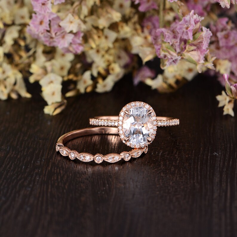 Rose Gold Engagement Ring Set Birthstone Oval Cut White Topaz Etsy