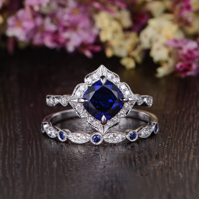 Art Deco Bridal Set White Gold Engagement Ring Cushion Cut Lab Sapphire Ring September Birthstone Wedding Band Alternating Diamond Band 2pcs image 1