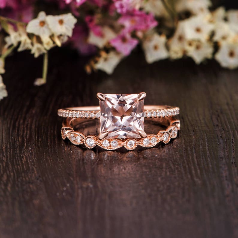 Unique Morganite Ring Rose Gold Art Deco Wedding Band Women Bridal Set Princess Cut Morganite Engagement Diamond Antique Anniversary 2pcs image 3