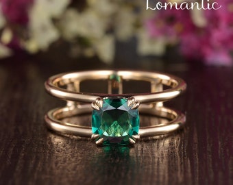 Antique Lab Emerald Ring Yellow Gold Birthstone Wedding Bridal Ring Women Anniversary Ring Double Band Engagement Ring Art Deco Vintage Ring