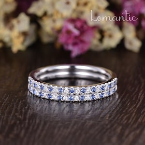 Sapphire Diamond Wedding Ring 14K White Gold Alternating Wedding Band Women Minimalist Matching Band Half Halo Ring September Birthstone 2pc