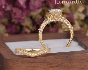 2Pcs Moissanite Flower Bridal Set Unique Solitaire Tulip Setting Cathedral Engagement Ring Vintage Engraved Milgrain Curved Wedding Band