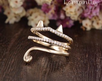 Anillo de boda de gato Lazy Kitty en plata de ley 10K y 14K, delicado y adorable anillo ajustable con forma de gato, regalo de joyería para ella, anillo apilable